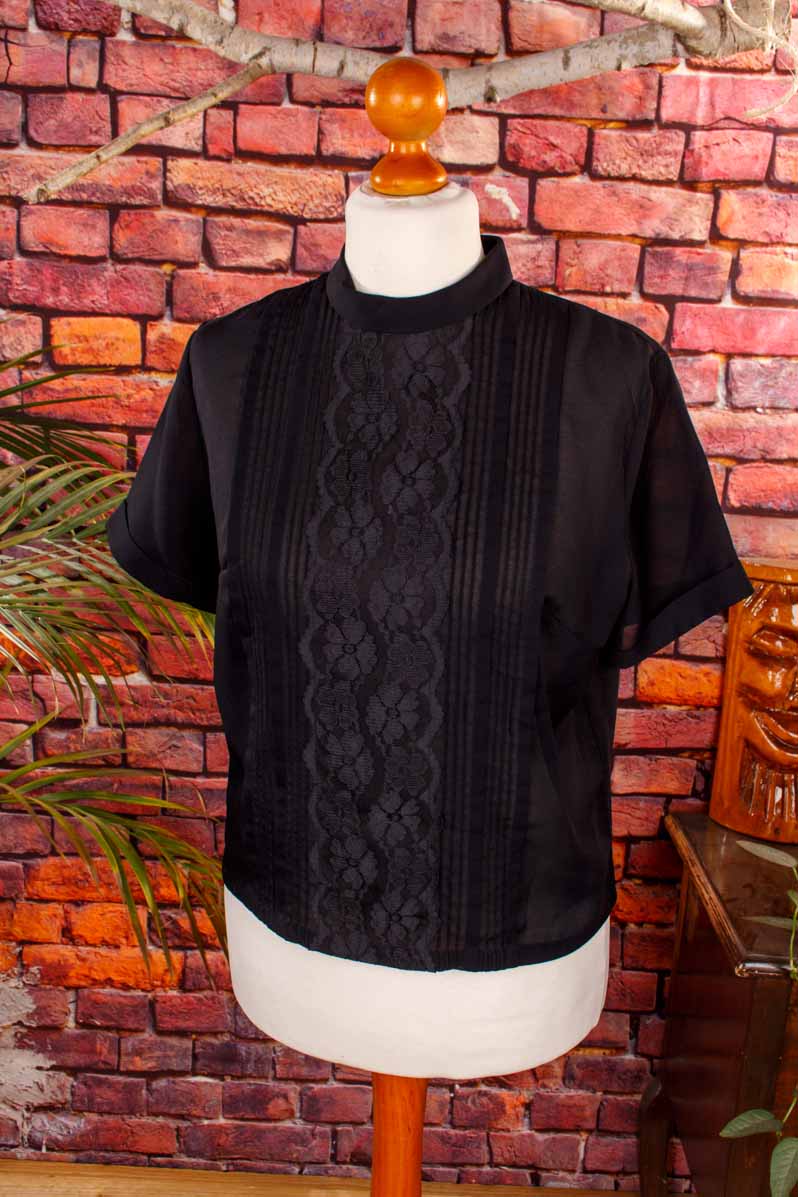 60s Bluse Top schwarz Spitze