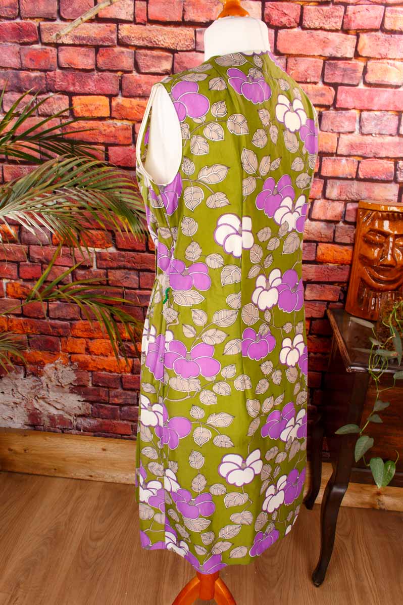 Nylon Kittelkleid grün lila Blumen