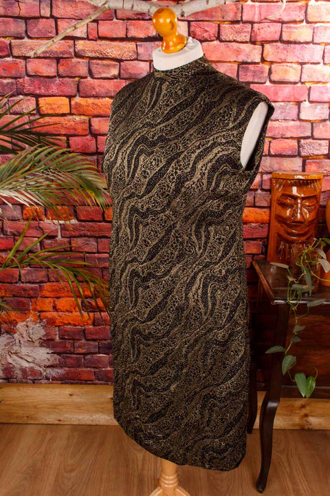 60s Brokat Etuikleid schwarz gold