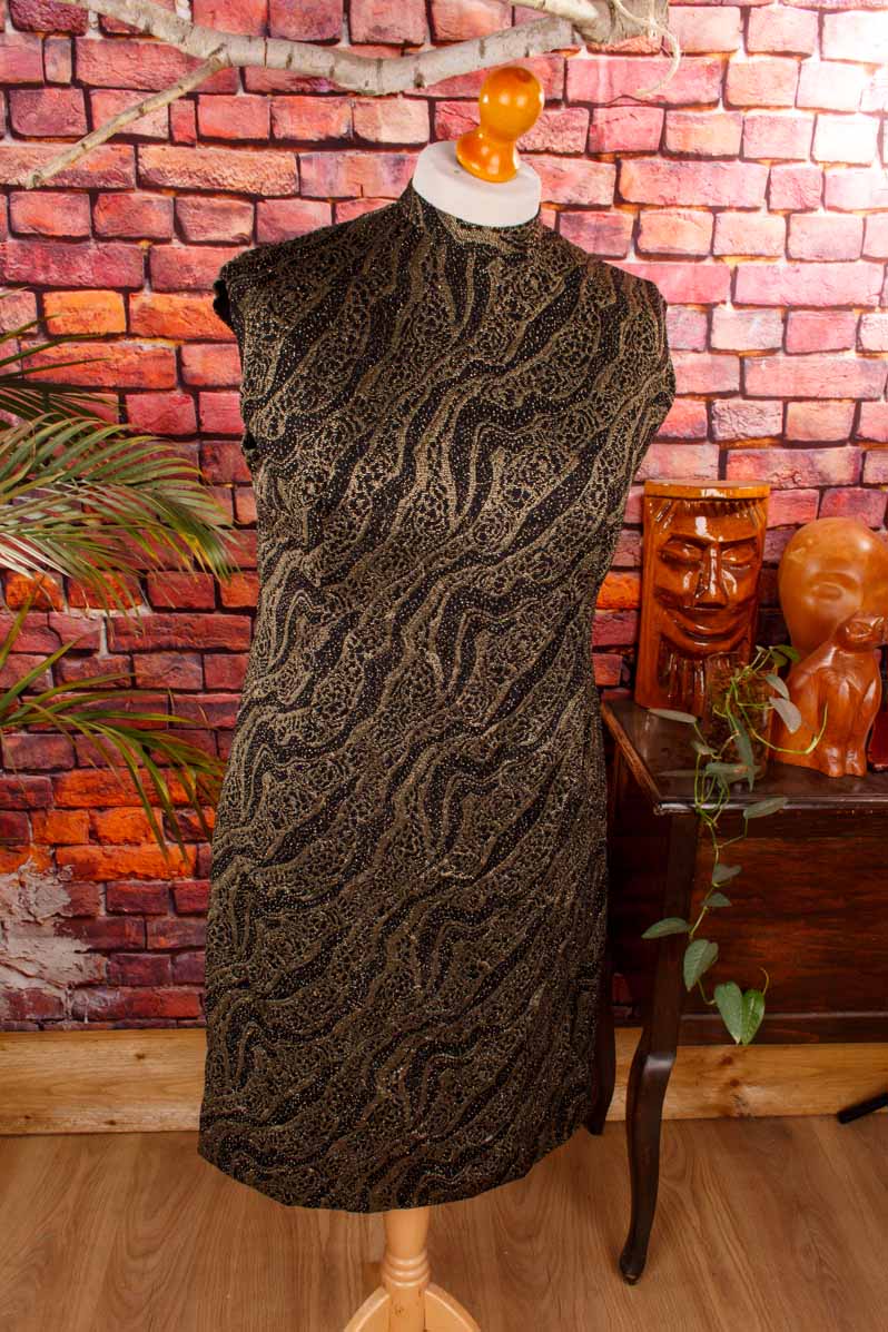 60s Brokat Etuikleid schwarz gold