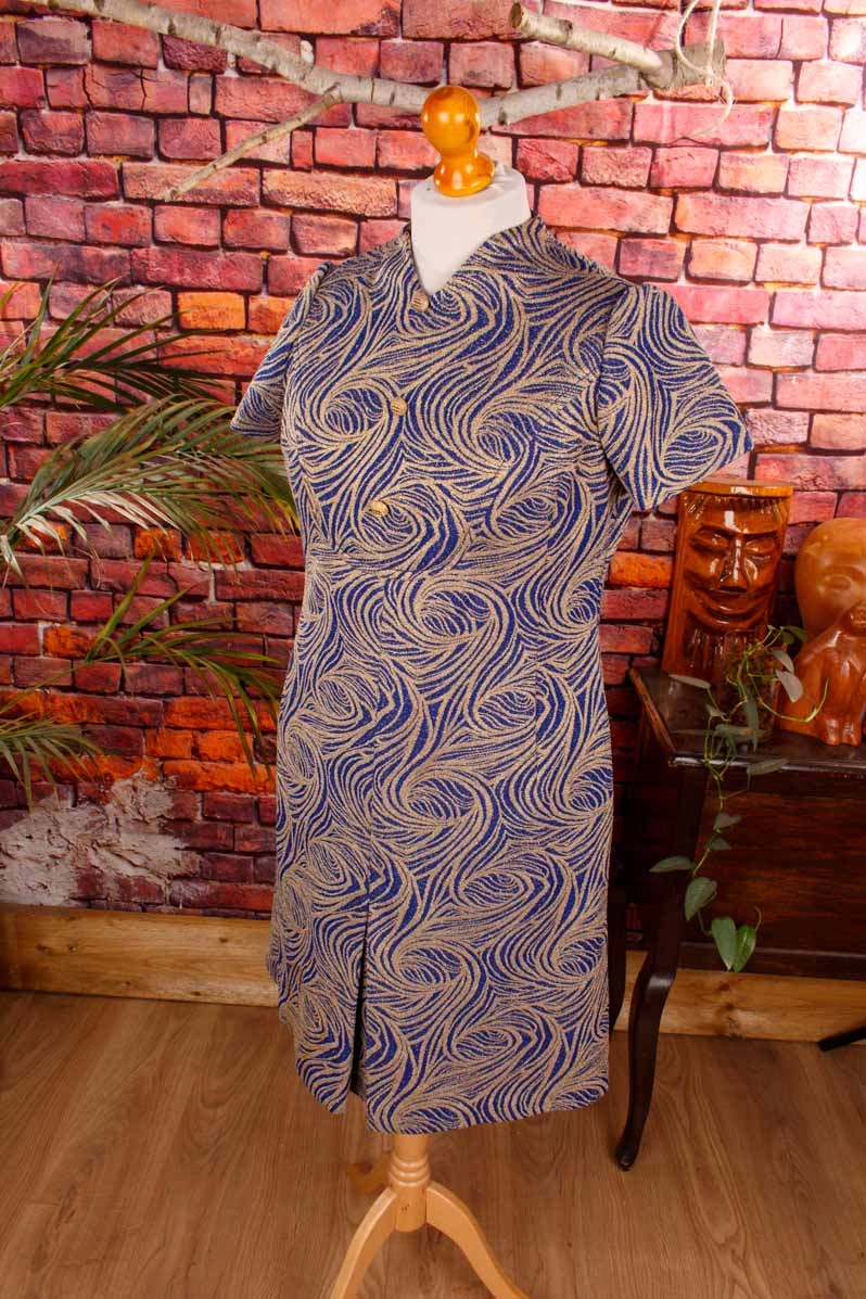 60s Brokat Kleid blau gold