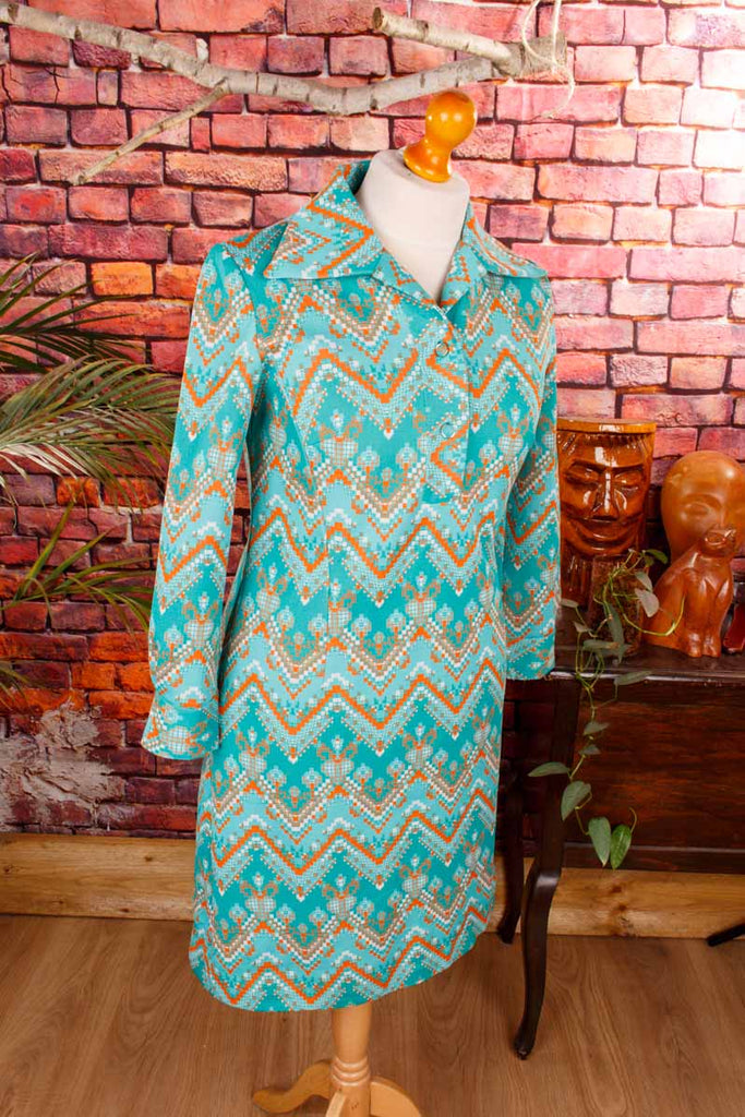 70s Schlagerkleid türkis Muster