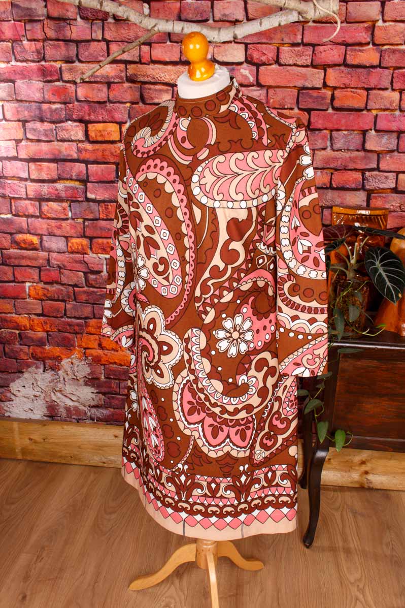60s Disco Kleid braun rosa Paisley