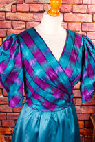 80s Abendkleid türkis lila Brokat