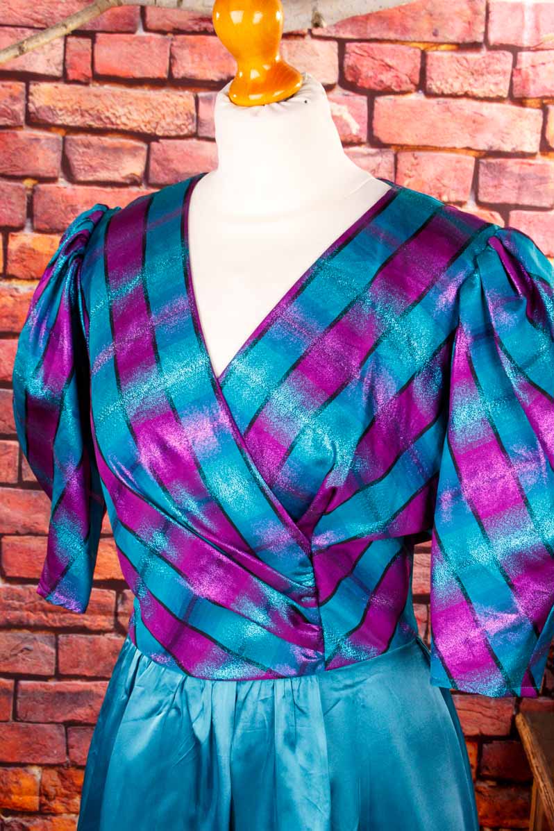 80s Abendkleid türkis lila Brokat