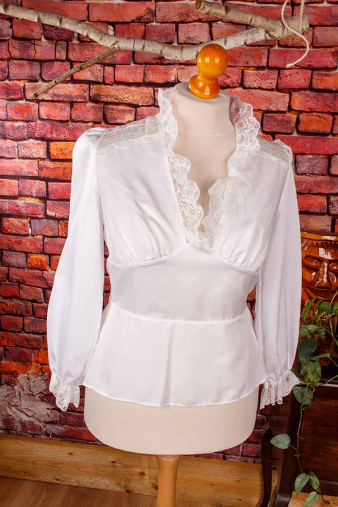 70s Rüschenbluse weiß mit Spitze