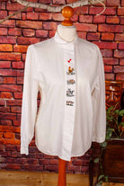 Vintage Bauernbluse weiß Huhn+Schwein