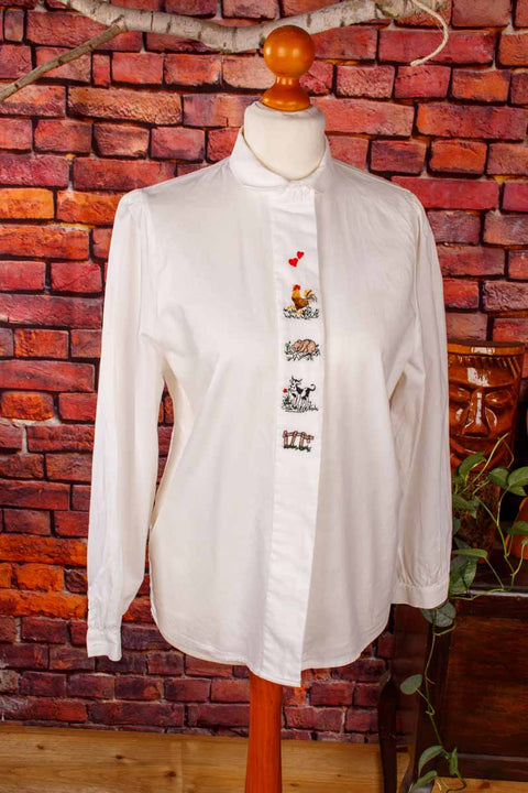 Vintage Bauernbluse weiß Huhn+Schwein