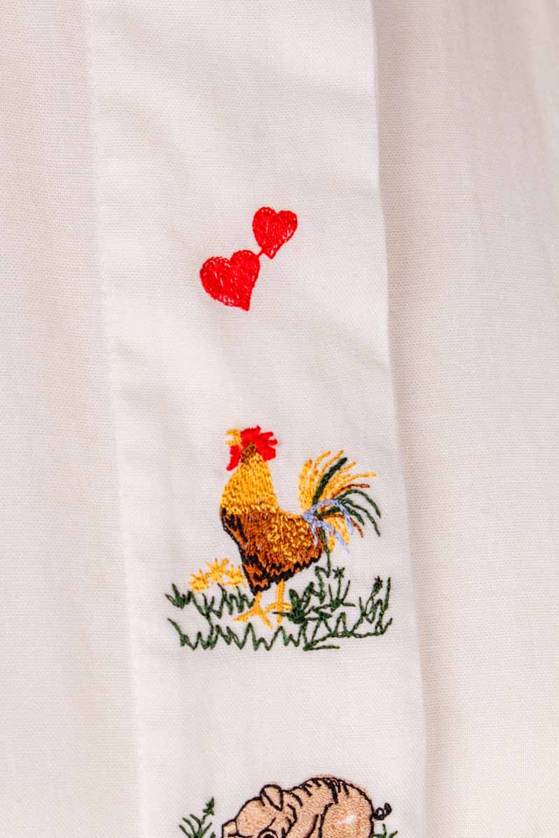 Vintage Bauernbluse weiß Huhn+Schwein