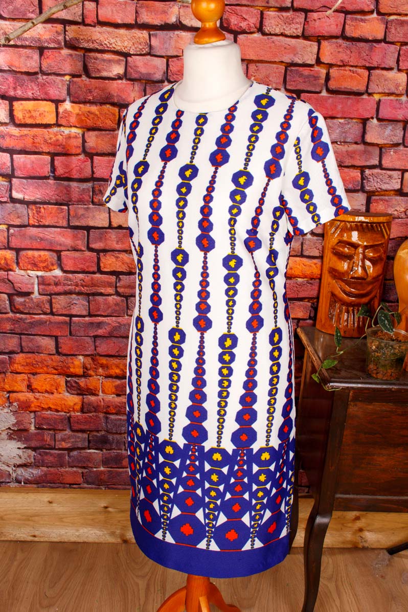 70er Shiftkleid Hexagon blau weiß
