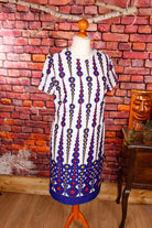 70er Shiftkleid Hexagon blau weiß