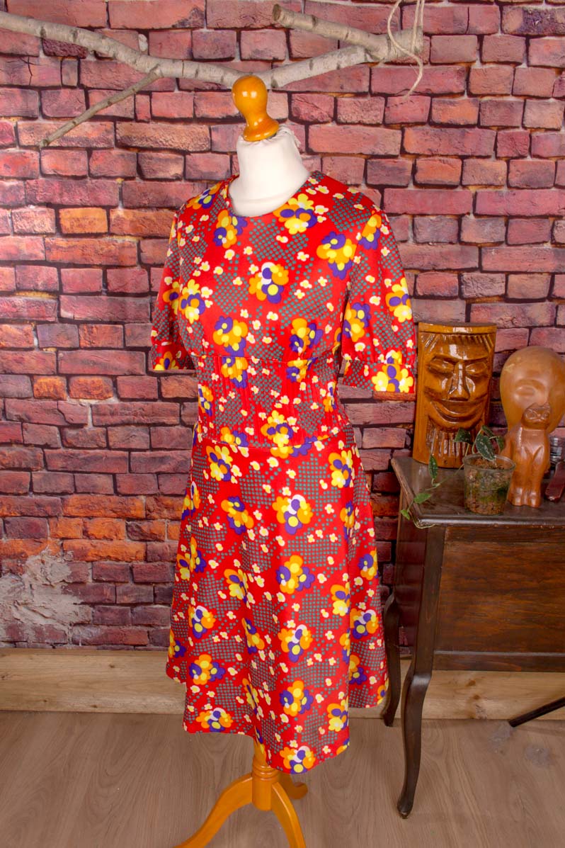 DDR VEB Kleid rot Prilblumen