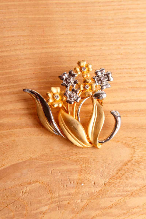 70s Brosche Gold+Silber Strass Blumen