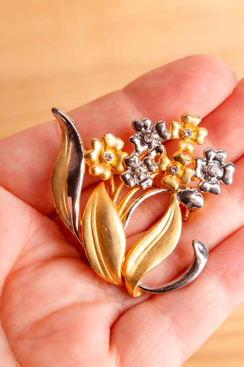 70s Brosche Gold+Silber Strass Blumen