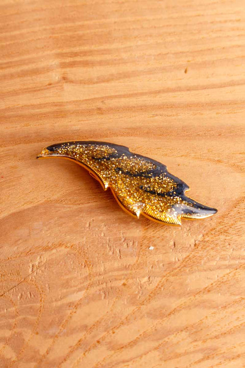 80s Brosche goldenes Blatt mit Glitzer