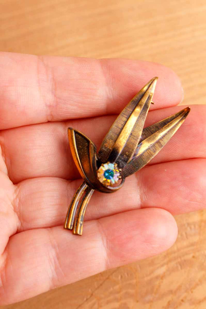 70s Brosche Bronze Blatt mit Strass