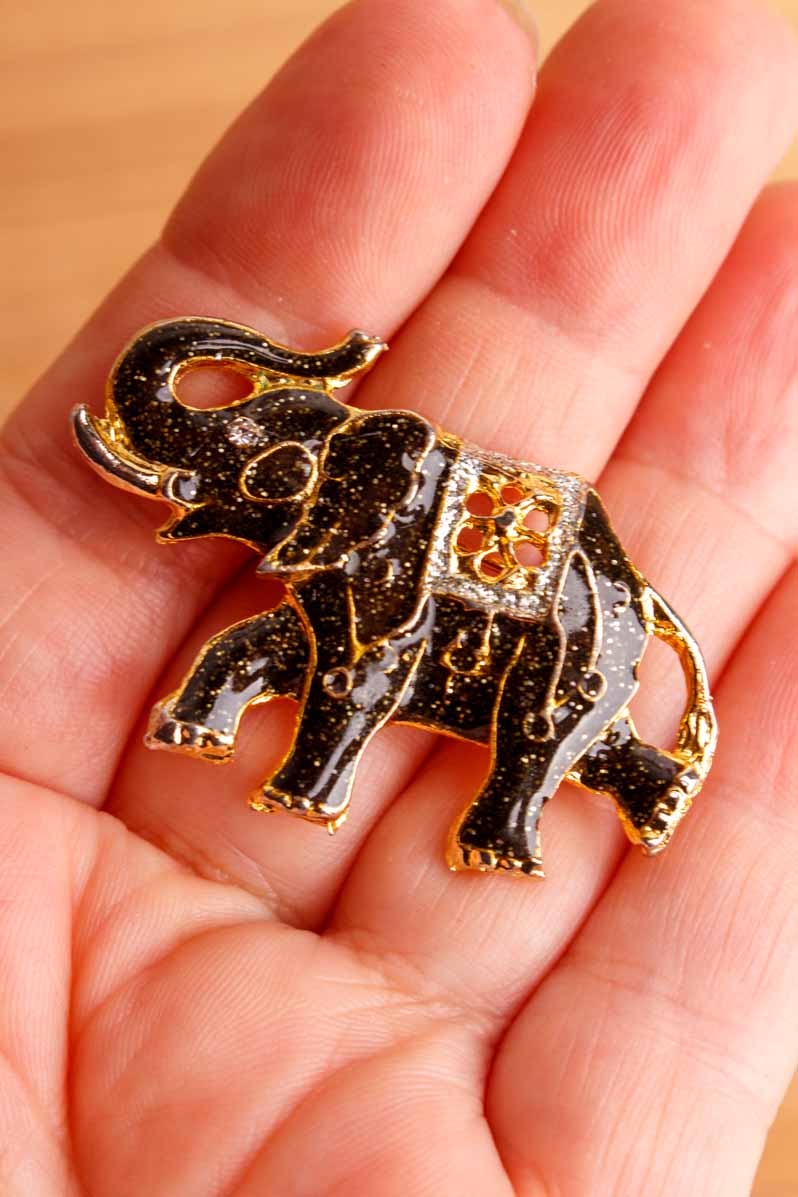 VTG Brosche gold schwarz Elefant Glitzer