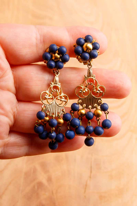 70s Ohrclips Ohrhänger blau gold