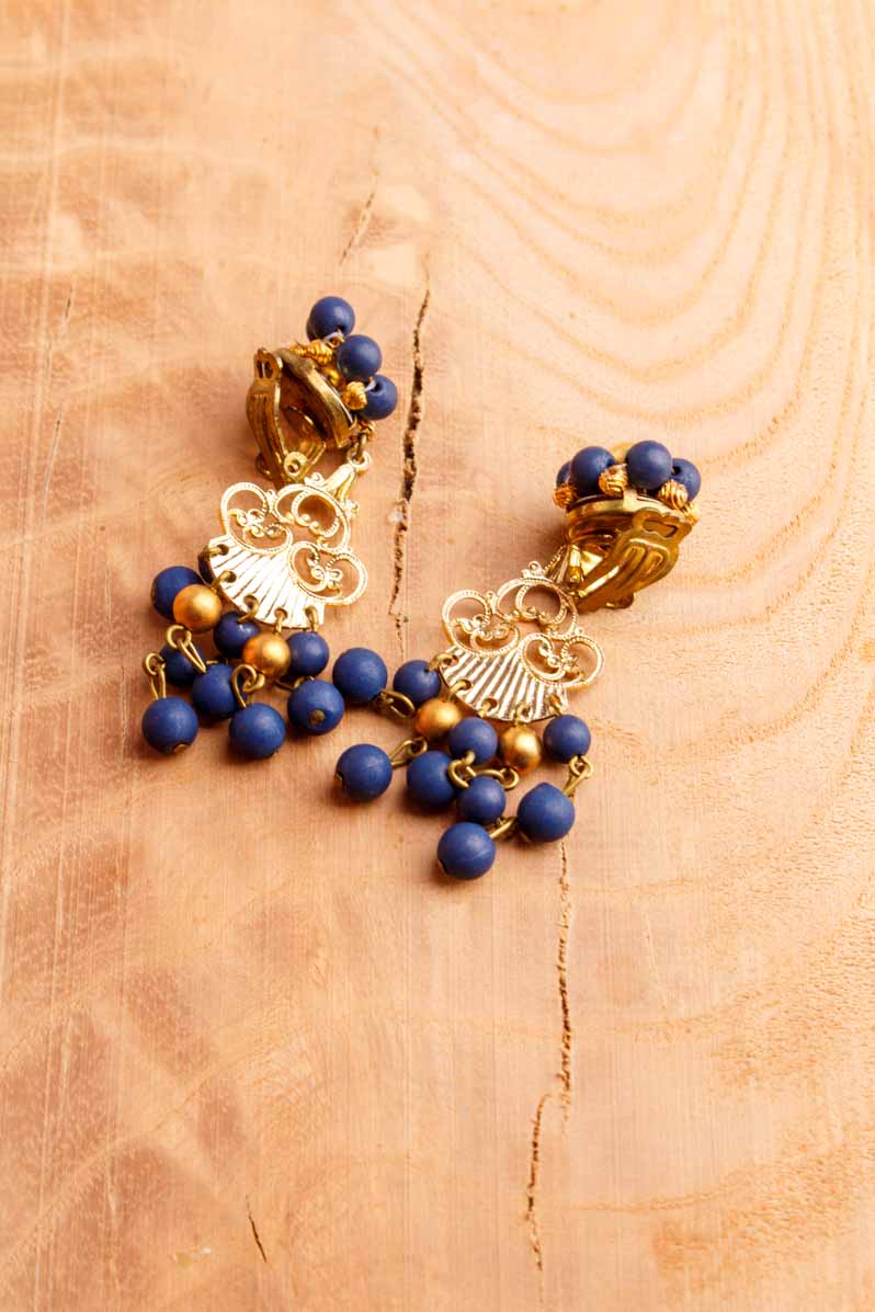 70s Ohrclips Ohrhänger blau gold