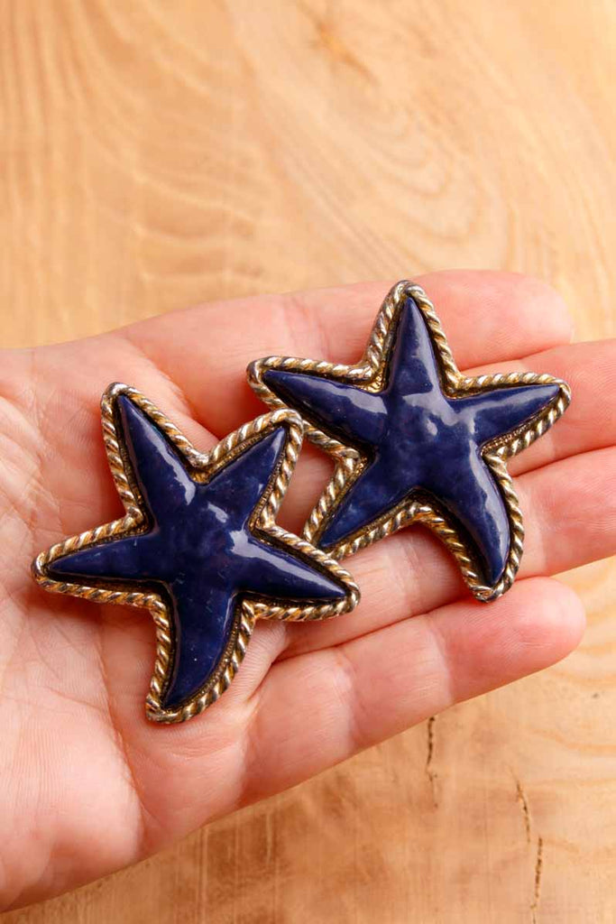 60s Ohrclips blau Seesterne