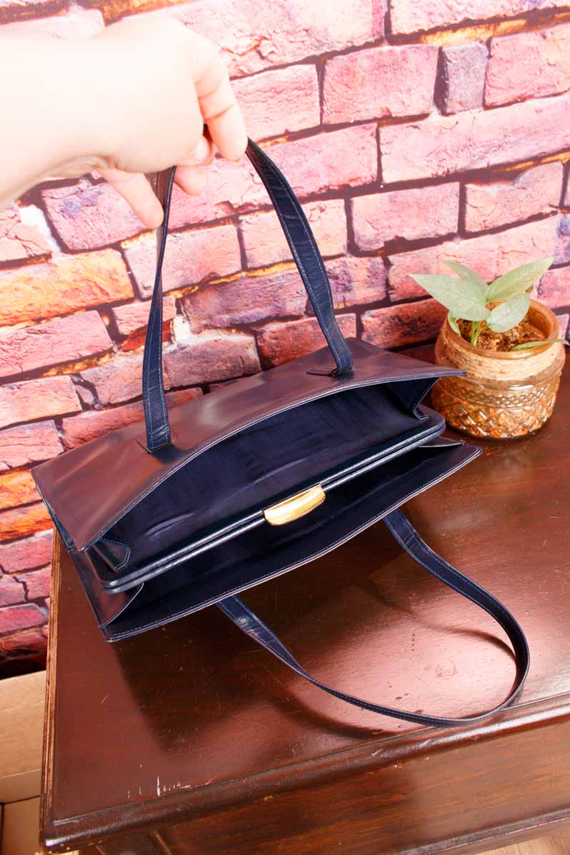 70s Leder Handtasche blau