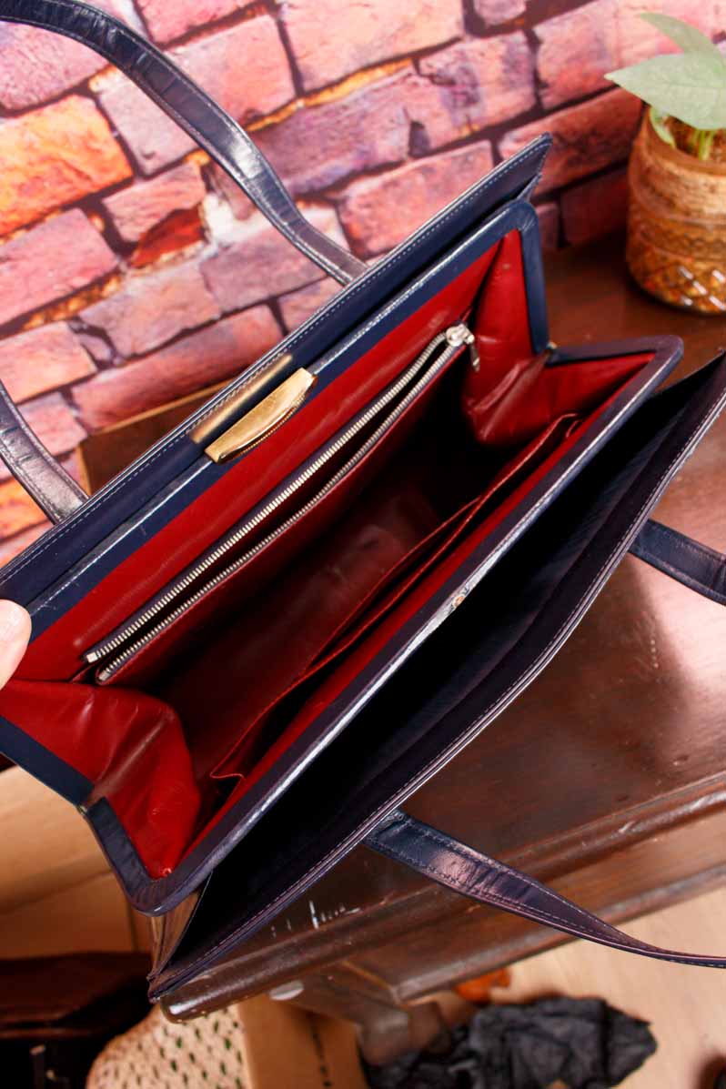 70s Leder Handtasche blau