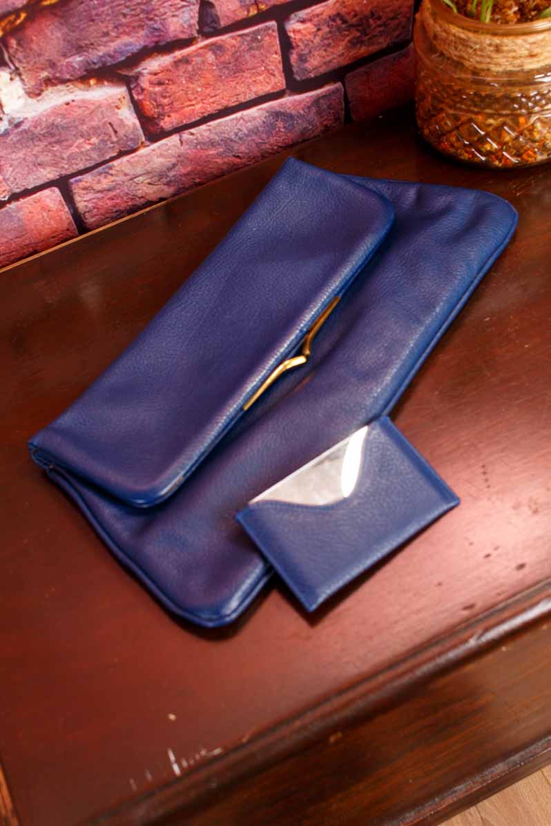 Vintage Leder Clutch blau Klapptasche