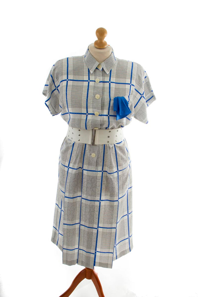 80er Sekretärin Kleid weiß blau