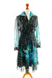 70er Disco Kleid schwarz blau Blumen