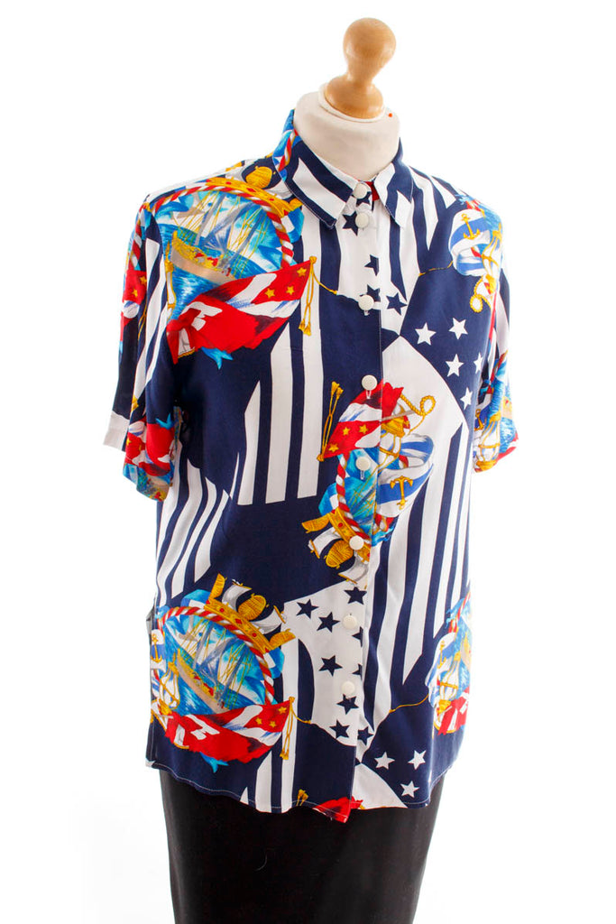 Vintage Bluse maritim Viskose Default Title 90er blau Boho bunt Frau M 40-42 Rockabilly Sekretärin vintageberlin.de