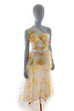 Zartes Cocktailkleid weiß gelb Blumen 80er 90er Abendmode bunt Disco Frau gelb Rockabilly weiß XS 32-34 vintageberlin.de