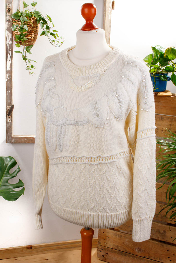 Strickpulli weiß Wollmix Default Title 80er 90er beige Boho Frau L 44-46 M 40-42 Rockabilly Sekretärin Unisize weiß vintageberlin.de