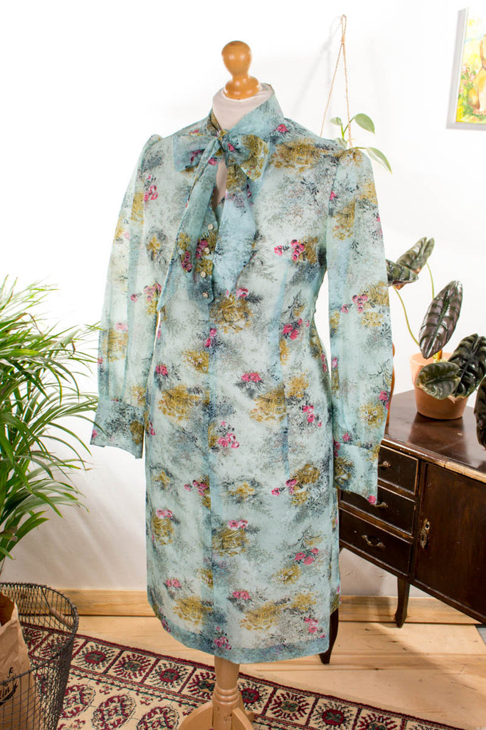 Vintage Crêpe Kleid blau Muster