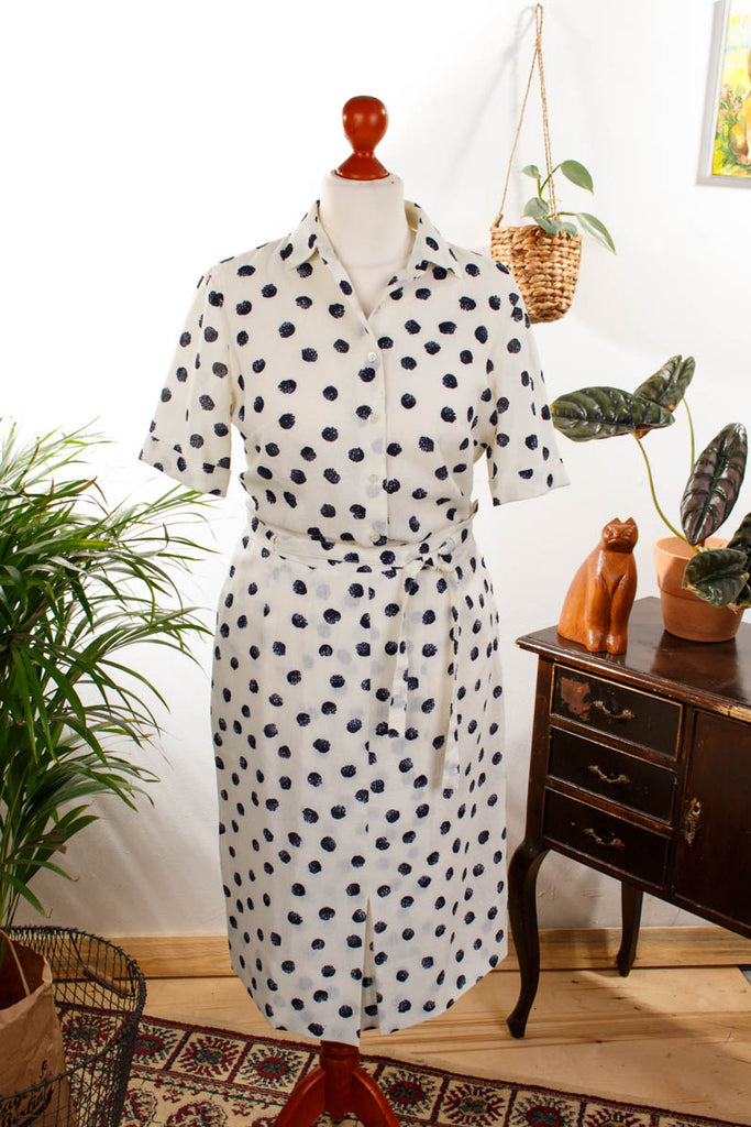 Vintage Kostüm Tupfen Default Title 70er 80er blau Frau M 40-42 Rockabilly Sekretärin weiß vintageberlin.de