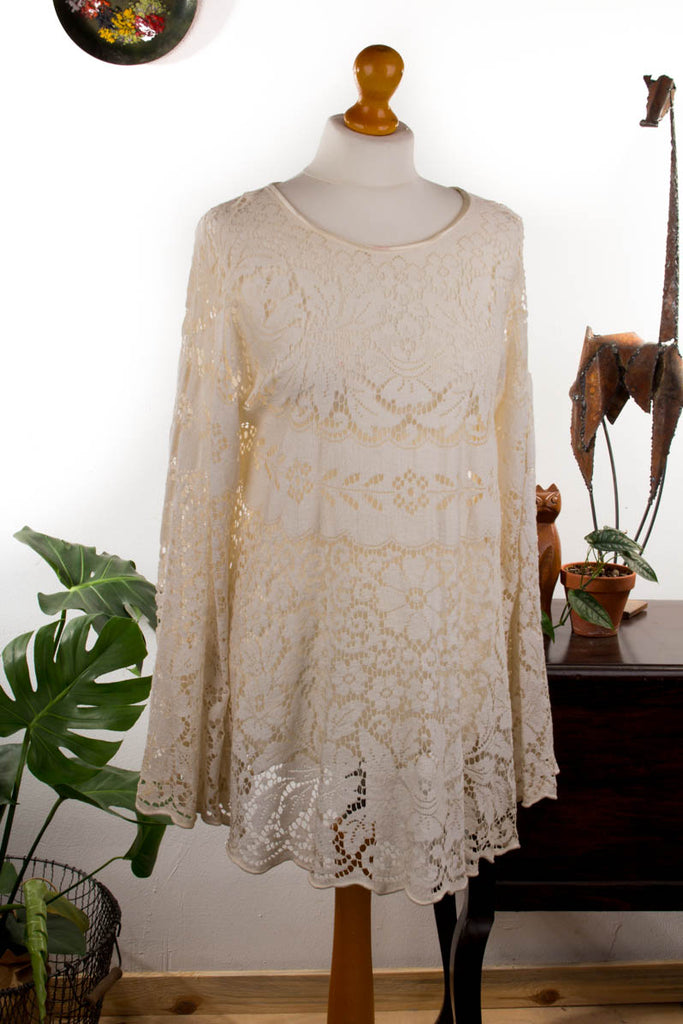 Spitzenbluse Tunika creme Default Title 70er beige Boho Frau Hippie M 40-42 Schlager Special weiß vintageberlin.de
