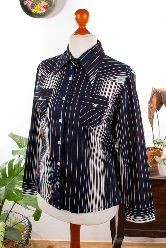 70s Bluse schwarz weiß Streifen