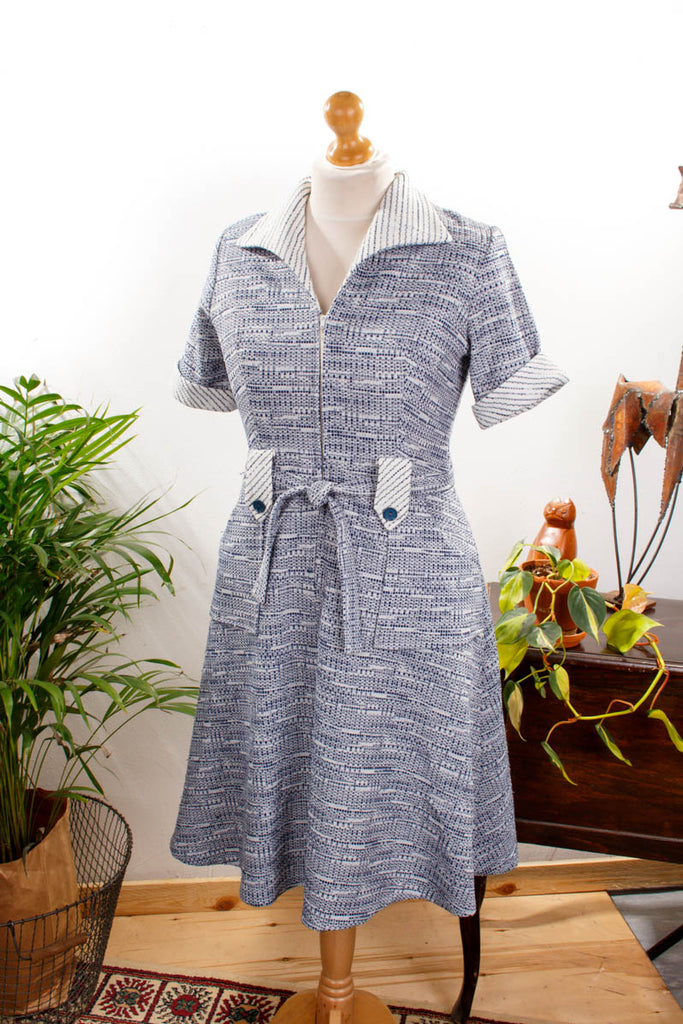 70s Schlagerkleid blau meliert Default Title 70er blau Disco Frau L 44-46 Schlager weiß vintageberlin.de