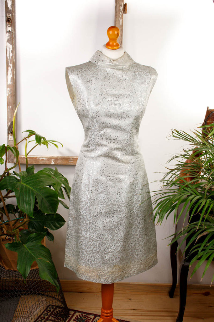 60s Brokat Cocktailkleid silber