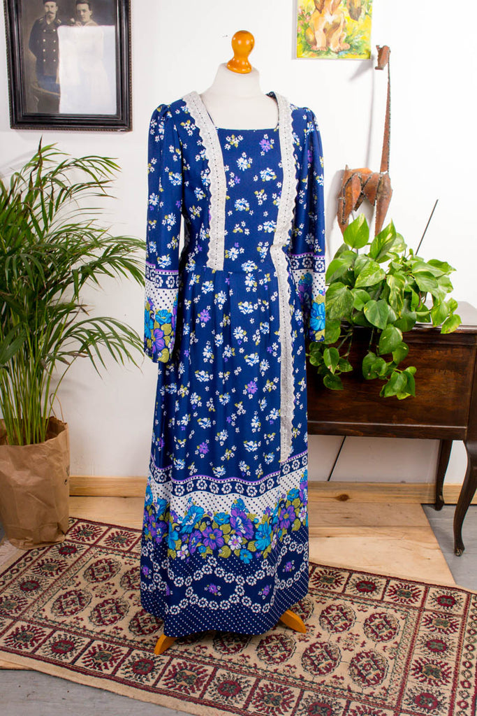 Maxikleid blau Blumen Default Title 60er 70er Abendmode blau Boho bunt Disco Frau Hippie M 40-42 real-boho S 36-38 Schlager Special vintageberlin.de