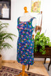 Flower Power Kleid blau bunt 60er 70er blau bunt Disco Frau Hippie Rockabilly S 36-38 Schlager Sekretärin Special vintageberlin.de