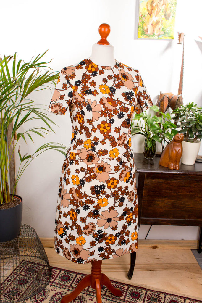 60s Stretchkleid Flower Power Default Title 60er 70er beige braun bunt Disco Frau M 40-42 real-disco Schlager vintageberlin.de