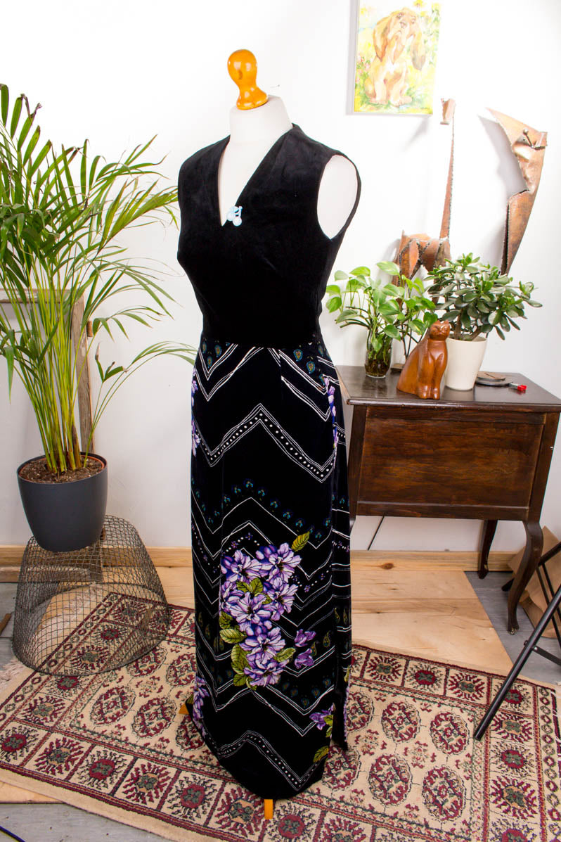 Maxikleid schwarz bunt Samt