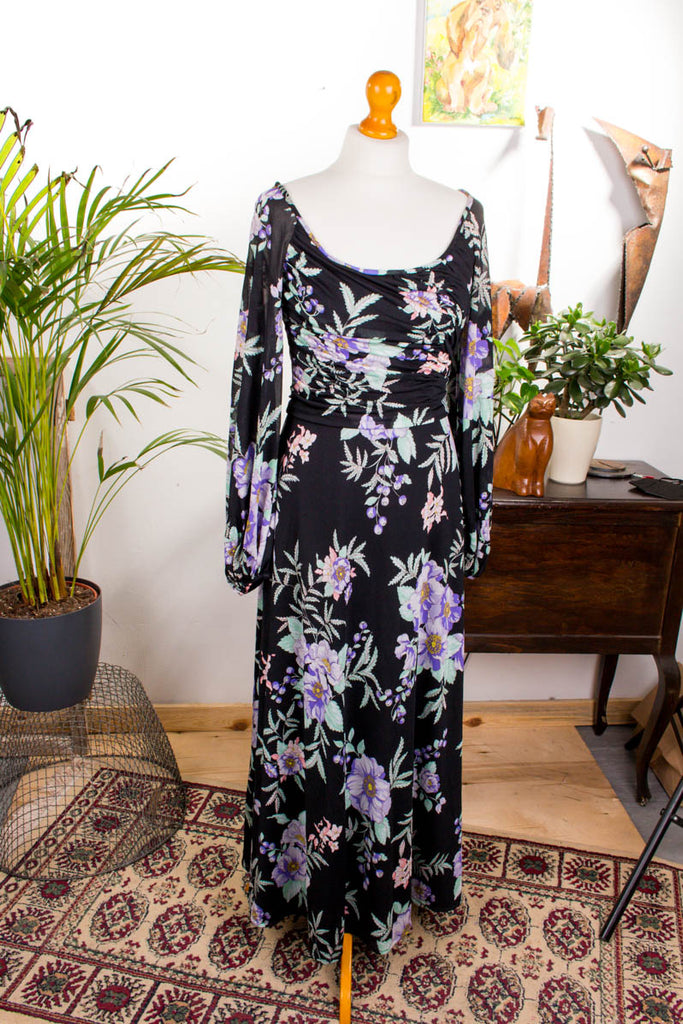 Maxikleid schwarz bunt Blumen Default Title 70er 80er Abendmode Boho bunt Frau Hippie real-boho S 36-38 Schlager schwarz vintageberlin.de