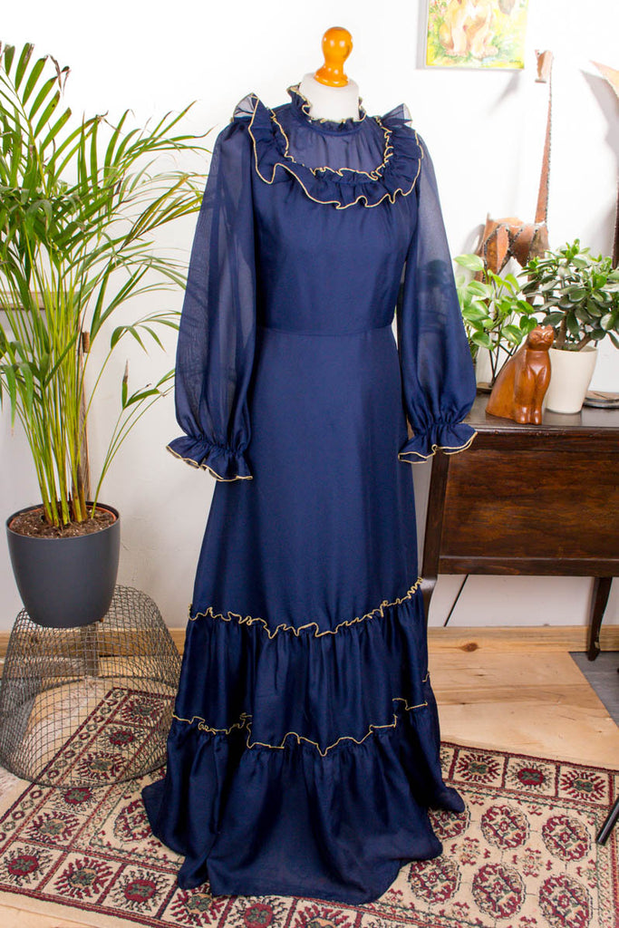 nostalgisches Maxikleid blau Chiffon Default Title 70er blau Boho Frau Gothic S 36-38 Schlager viktorianisch vintageberlin.de