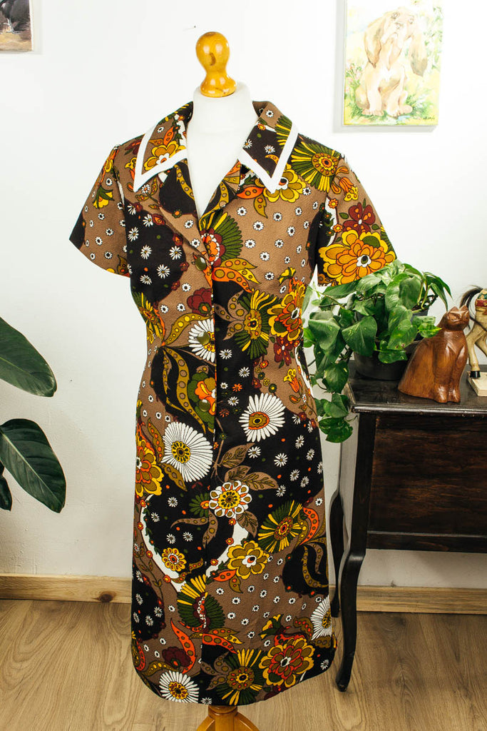 Vintage Schlagerkleid braun Muster Default Title 70er braun bunt Disco Frau M 40-42 real-disco Schlager vintageberlin.de