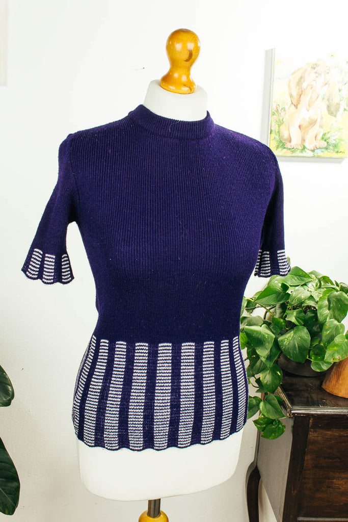 Vintage Stretch Stricktop blau Streifen Default Title 60er 70er blau Disco Frau M 40-42 real-disco Rockabilly S 36-38 Schlager vintageberlin.de