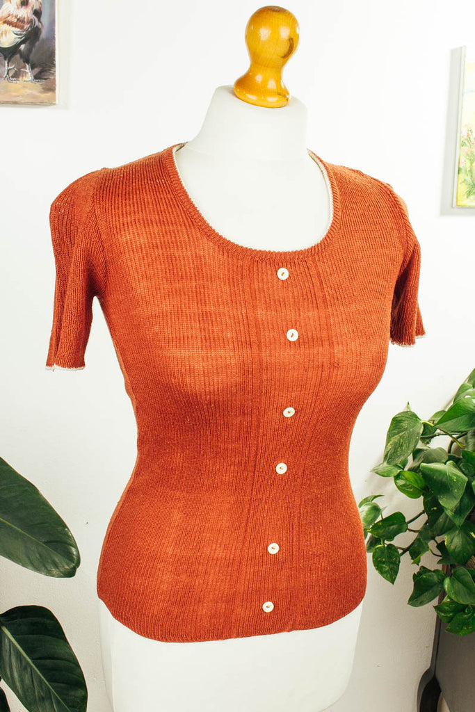 Vintage Stretch Stricktop rost Knöpfe Default Title 60er 70er braun Disco Frau M 40-42 real-disco Rockabilly S 36-38 Schlager vintageberlin.de