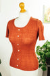 Vintage Stretch Stricktop rost Knöpfe 60er 70er braun Disco Frau M 40-42 real-disco Rockabilly S 36-38 Schlager vintageberlin.de