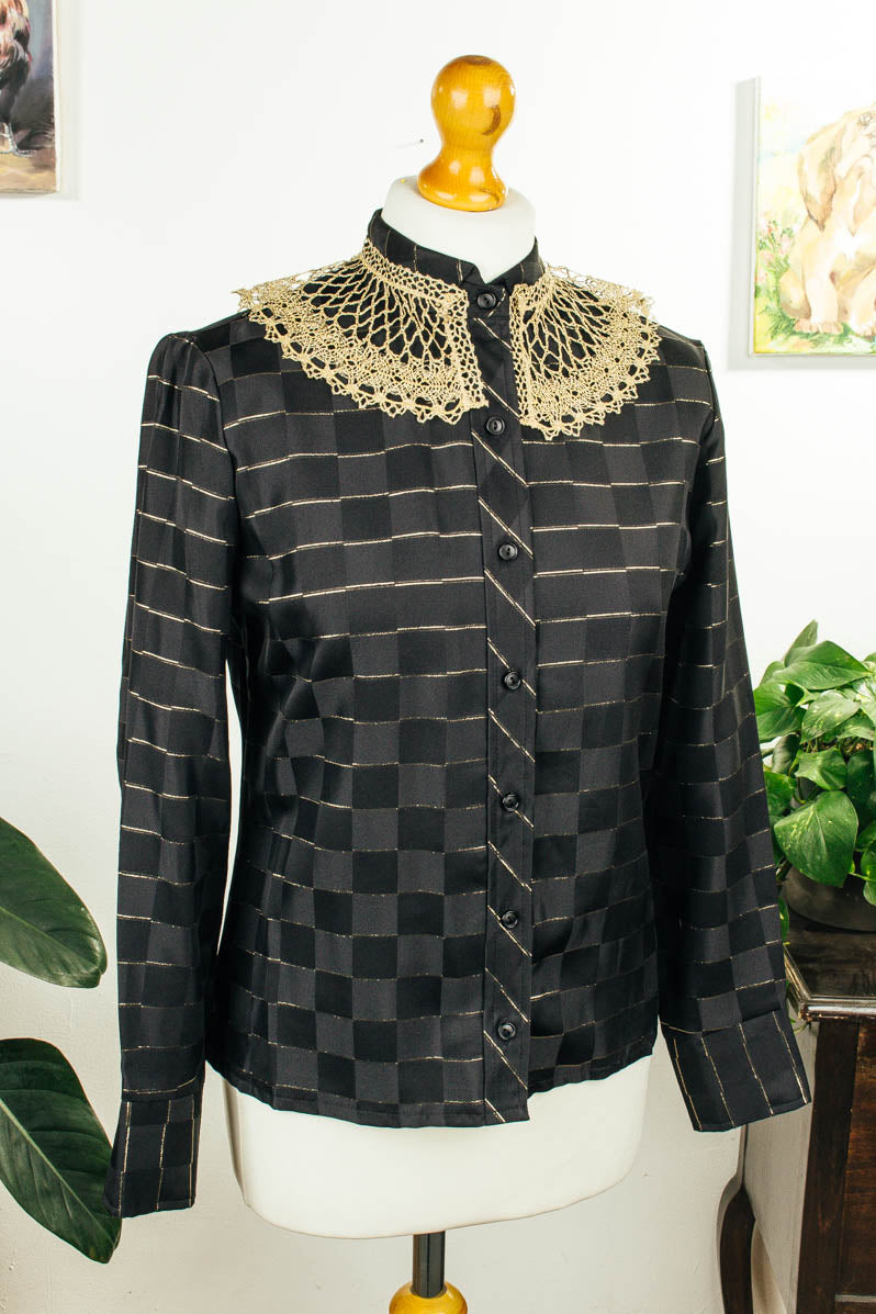 70er Disco Bluse schwarz Gold