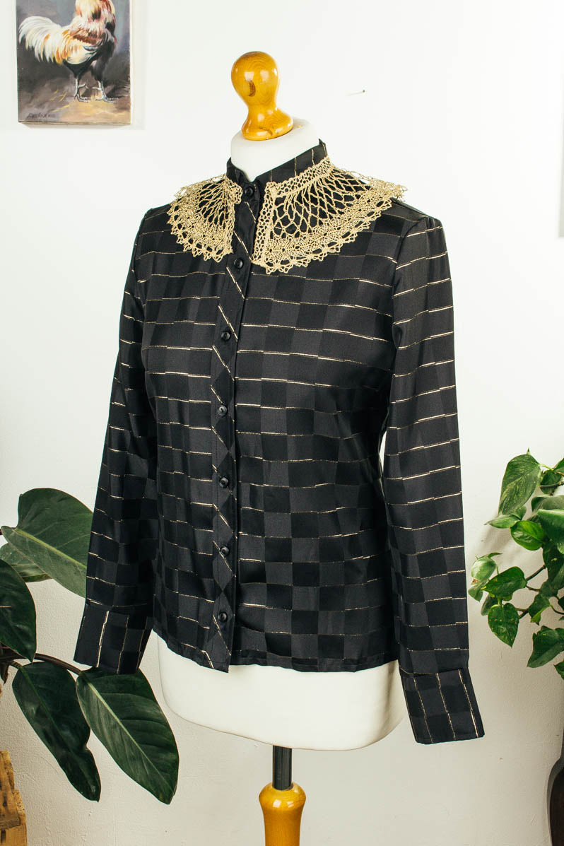 70er Disco Bluse schwarz Gold